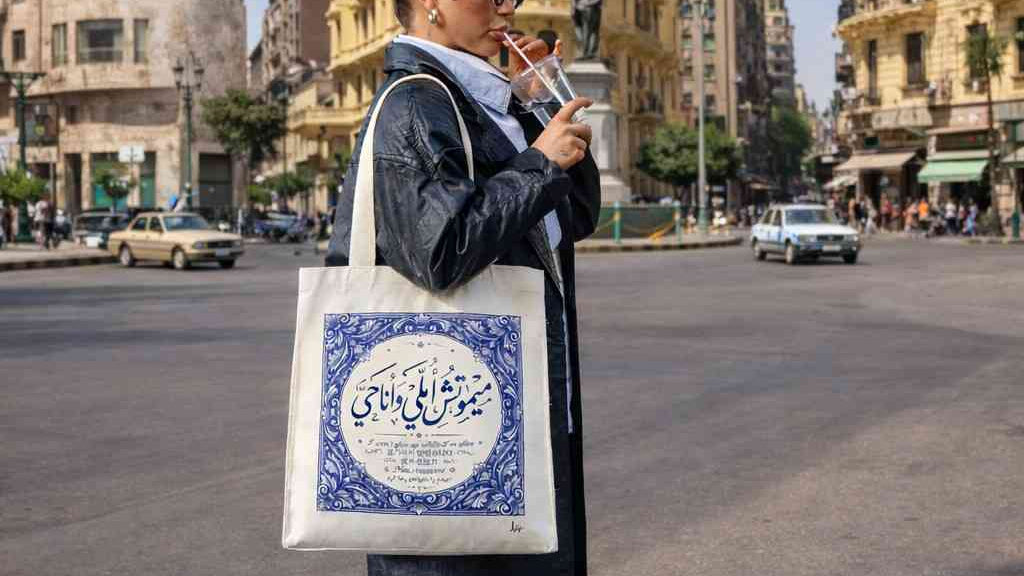 Person holding a tote bag with Arabic text on a city street